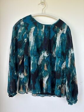 Calvin Klein Teal Blue Brushstroke Pleated Long-Sleeve Blouse